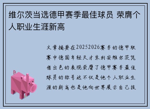 维尔茨当选德甲赛季最佳球员 荣膺个人职业生涯新高